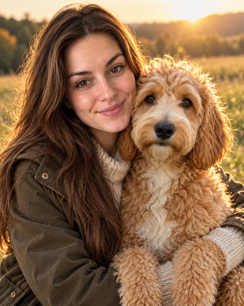Portrait of a woman and her golden doodle together at golden hour